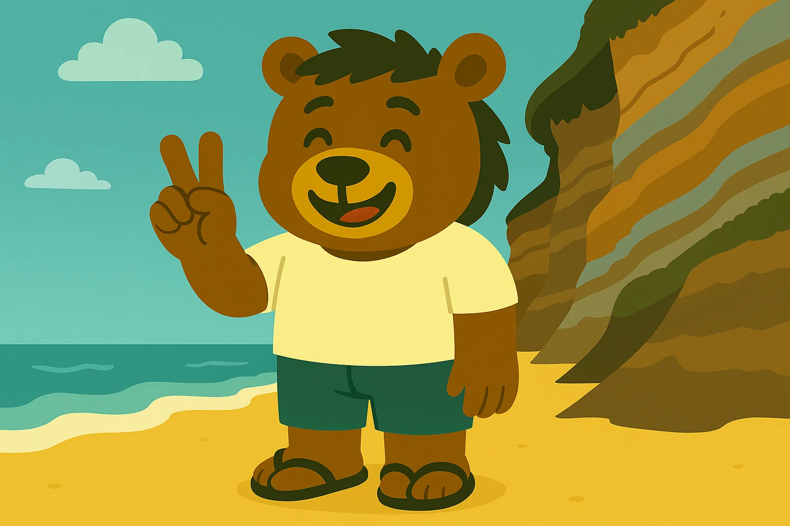 晩成海岸でピースサインをするノマドマ（クマのキャラクター）